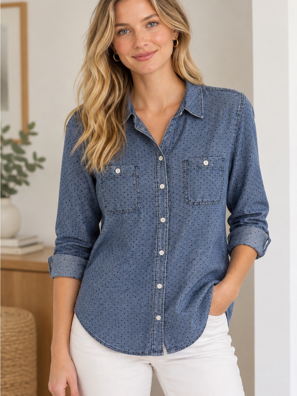 Old Navy Women’s Blue Washed Navy Dot Button-Down Shirt — Medium